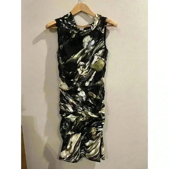 NEWPORT NEWS Mini Dress Cowl Collar Stretchy Multi-Color Lined Sleeveless Ruched - Picture 2 of 6